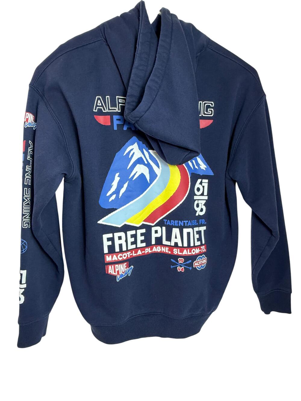 Free Planet Hoodie Mens Large Blue Alpine Skiing Paradiski Fleece Pullover
